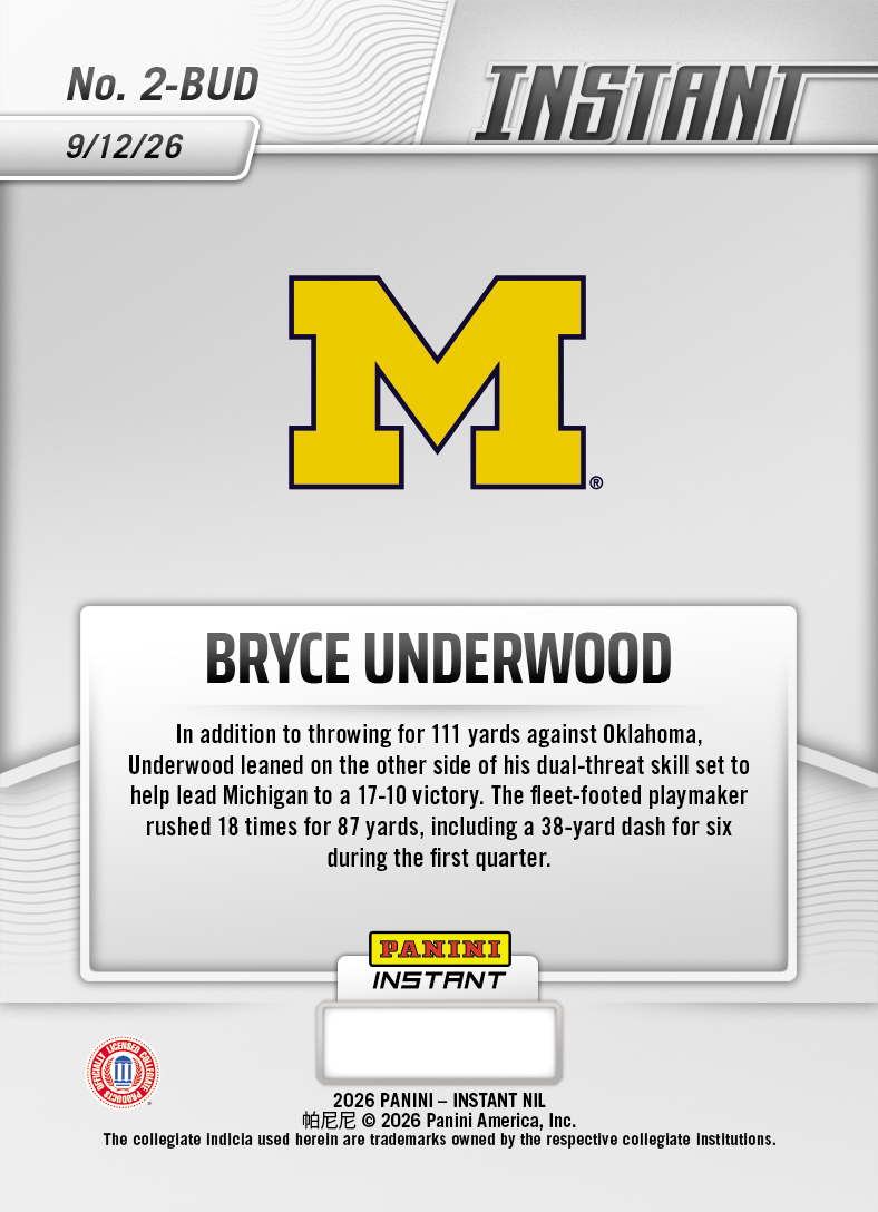 Product thumbnail image 2 of Bryce Underwood - 2026 Panini Instant NIL College Football #2-BUD - Base Card 25-pack