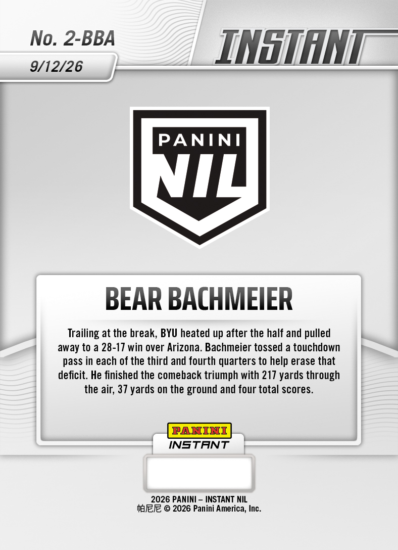 Product thumbnail image 2 of Bear Bachmeier - 2026 Panini Instant NIL College Football #2-BBA - Base Card 25-pack