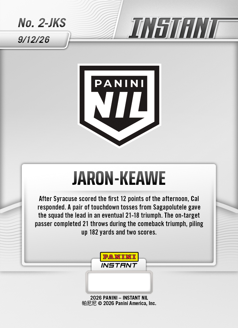 Product thumbnail image 2 of Jaron-Keawe Sagapolutele - 2026 Panini Instant NIL College Football #2-JKS - Galaxy 1/1 Auto