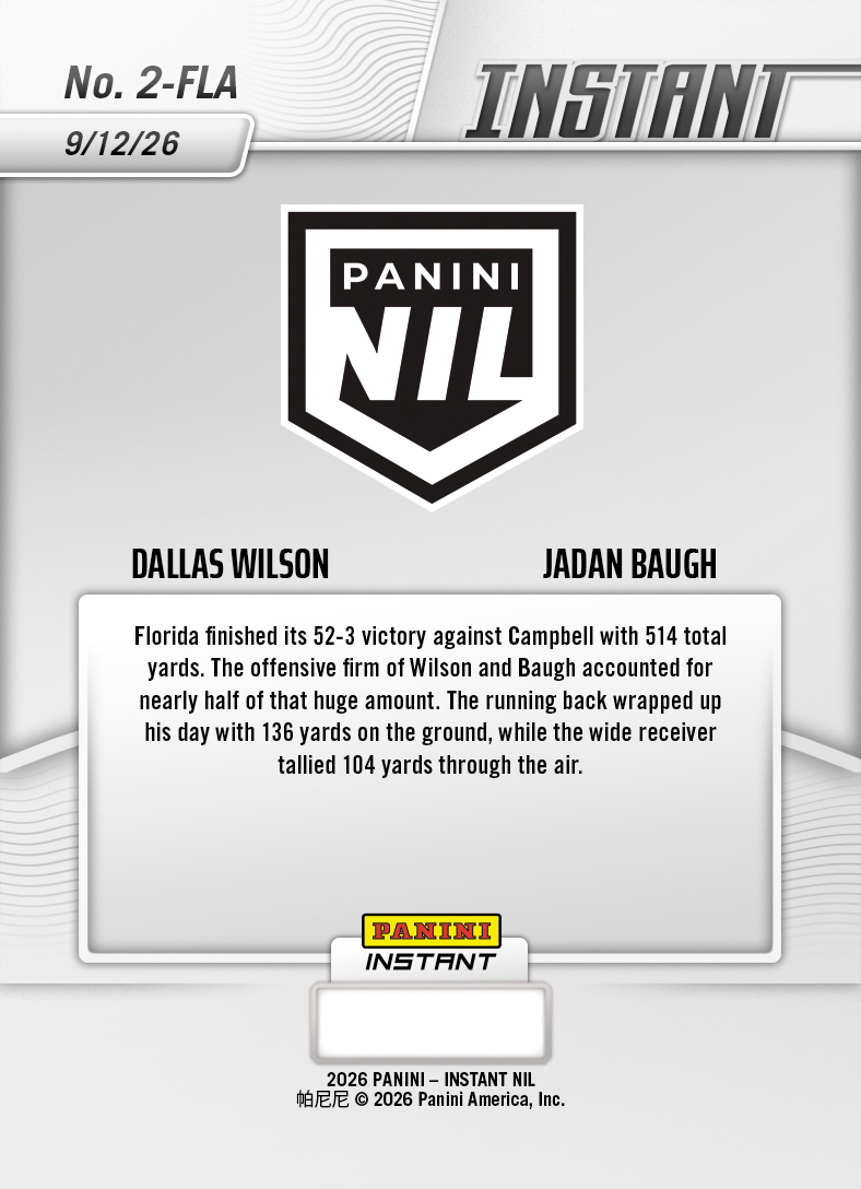 Product thumbnail image 2 of Dallas Wilson/Jadan Baugh - 2026 Panini NIL College Football #2-FLA - Base Card 5-pack