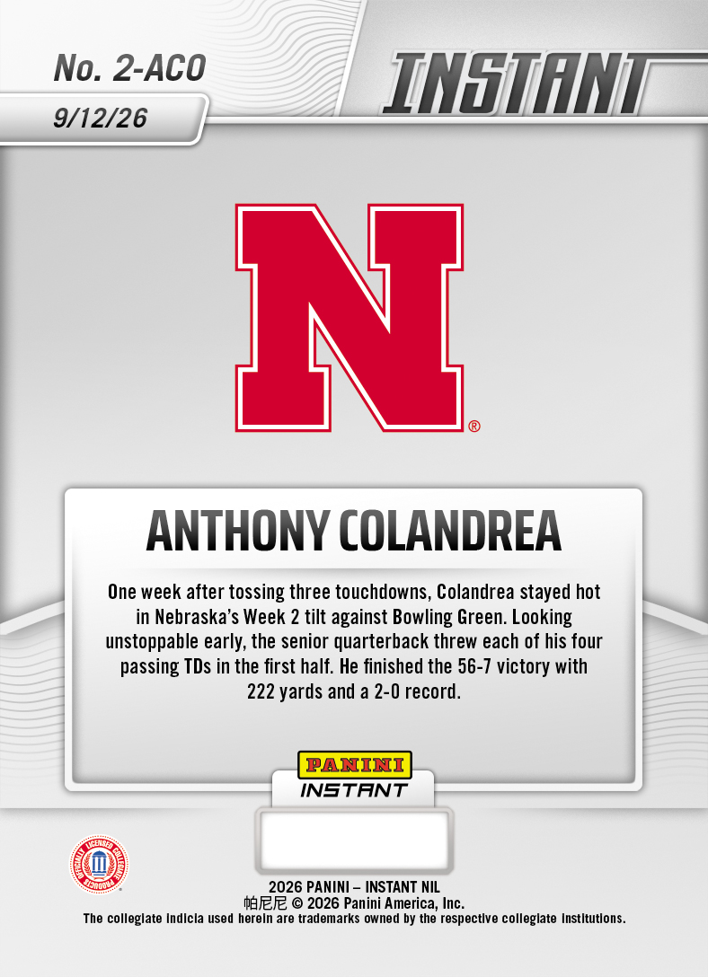 Product thumbnail image 2 of Anthony Colandrea - 2026 Panini Instant NIL College Football #2-ACO - Base Card 25-pack