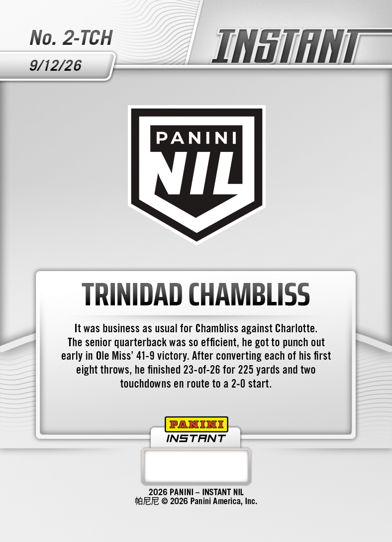 Product thumbnail image 2 of Trinidad Chambliss - 2026 Panini Instant NIL College Football #2-TCH - Base Card 10-pack