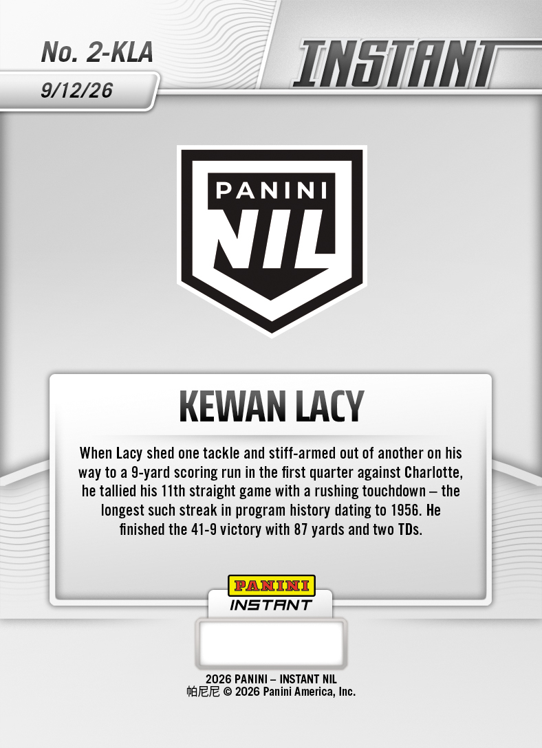 Product thumbnail image 2 of Kewan Lacy - 2026 Panini Instant NIL College Football #2-KLA - Base Card 25-pack