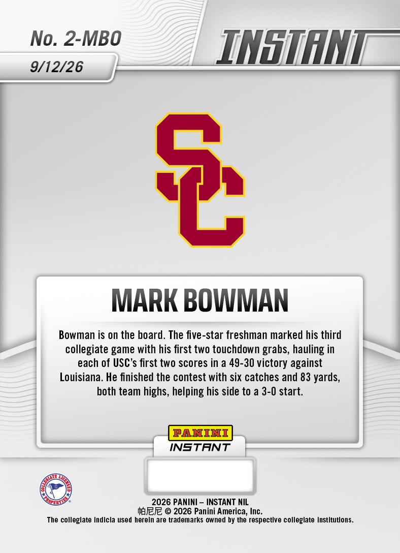 Product thumbnail image 2 of Mark Bowman - 2026 Panini Instant NIL College Football #2-MBO - Base /99 Auto