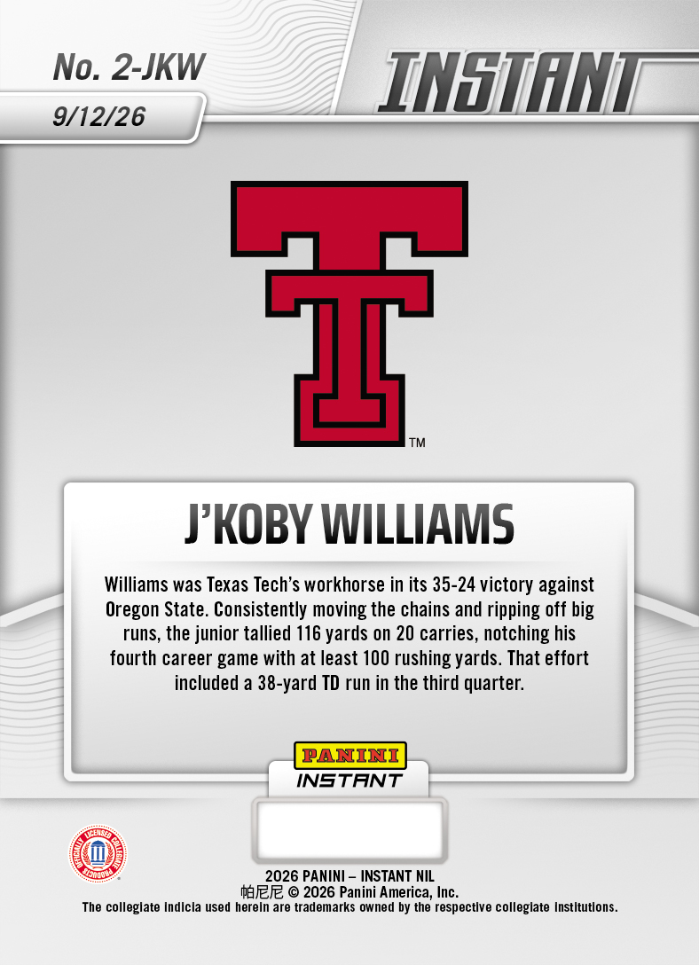 Product thumbnail image 2 of J'Koby Williams - 2026 Panini NIL College Football #2-JKW - Galaxy 1/1