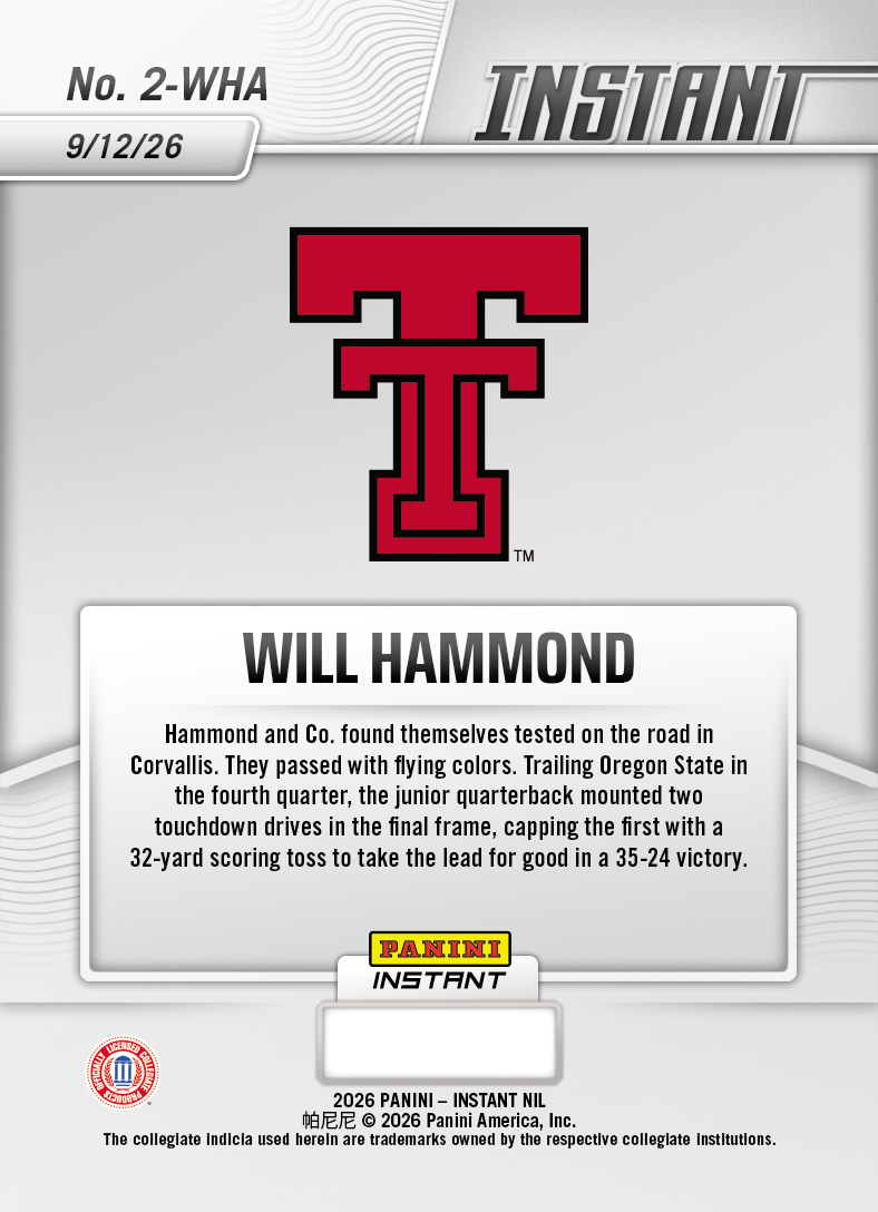 Product thumbnail image 2 of Will Hammond - 2026 Panini NIL College Football #2-WHA - Base Card 5-pack
