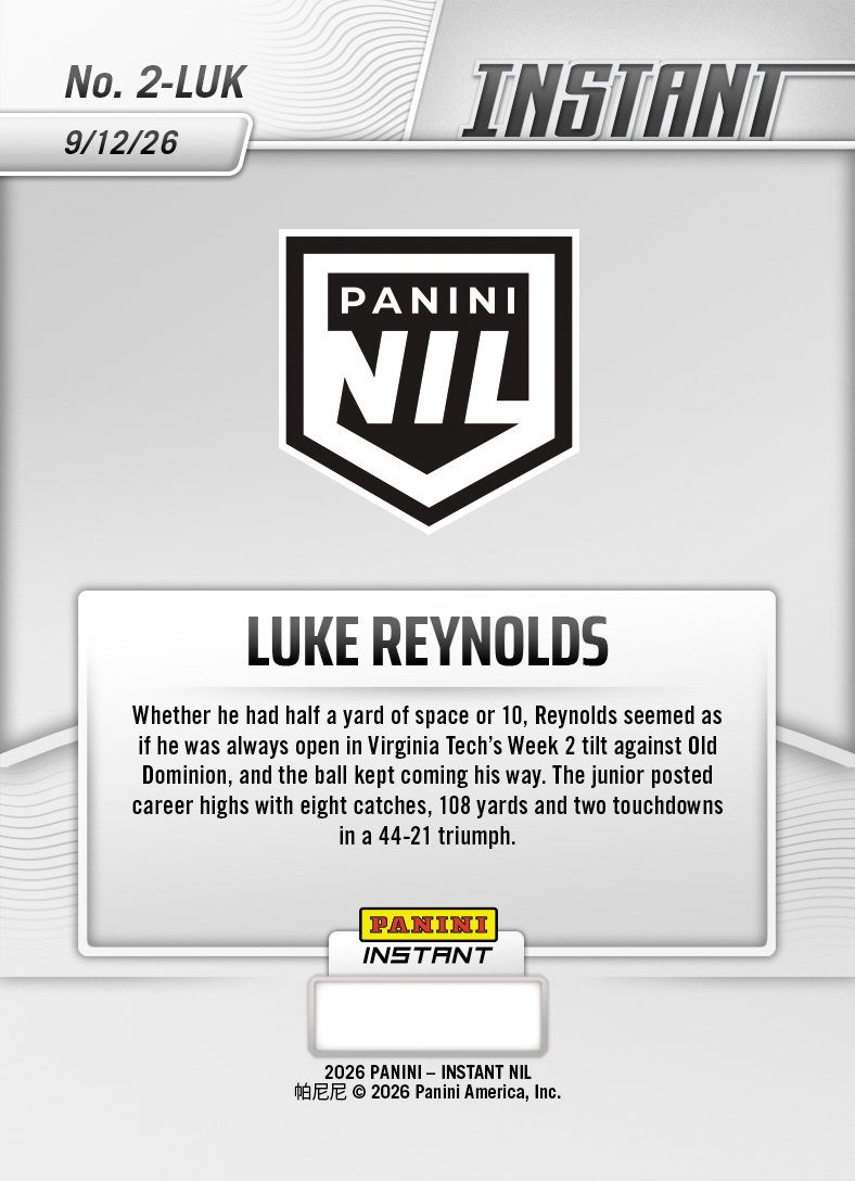 Product thumbnail image 2 of Luke Reynolds - 2026 Panini NIL College Football #2-LUK - Base Card 25-pack