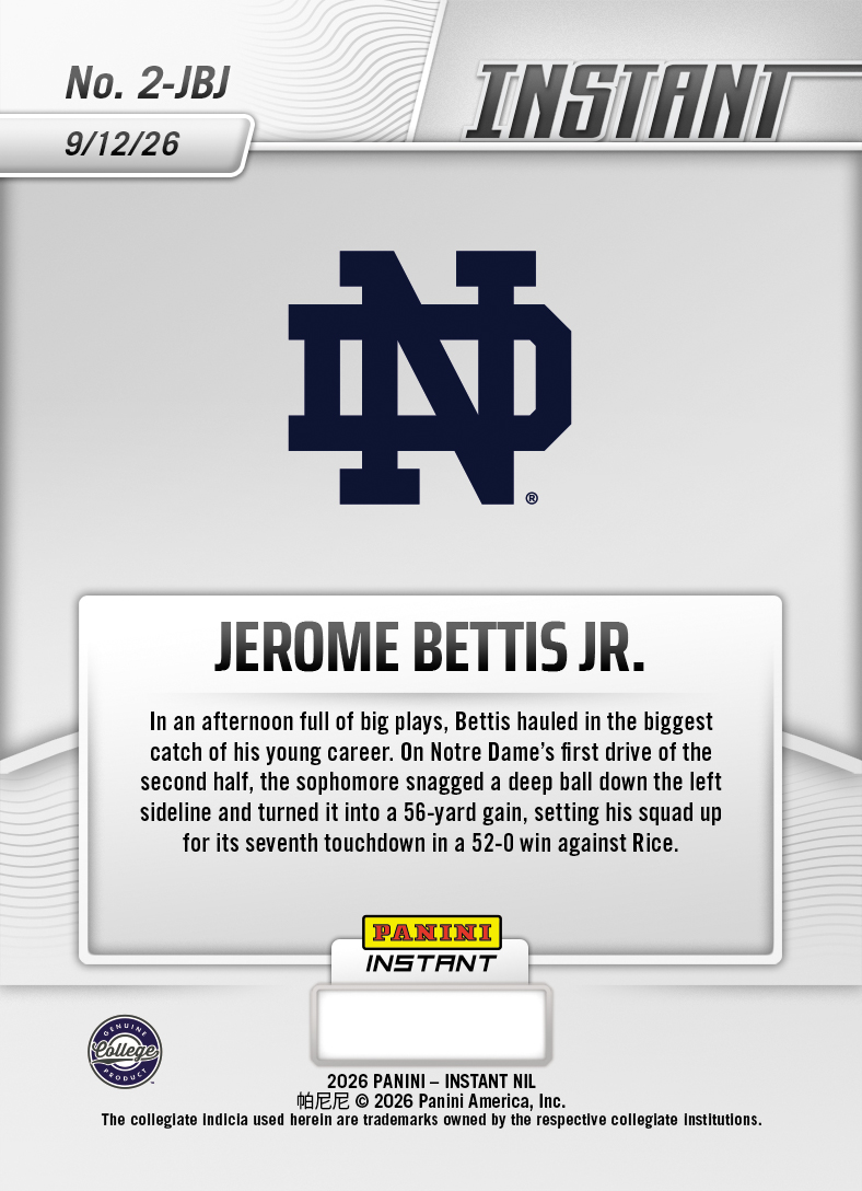 Product thumbnail image 2 of Jerome Bettis Jr. - 2026 Panini Instant NIL College Football #2-JBJ - Base Card 5-pack