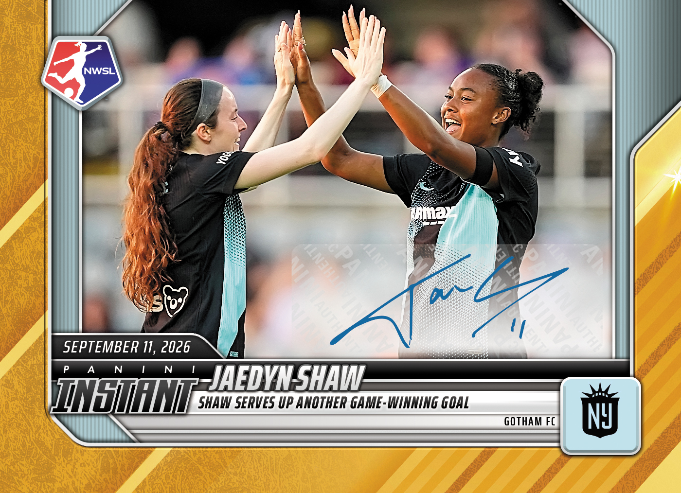 Detailed Image of Jaedyn Shaw - 2026 Panini Instant NWSL #168 - Gold /10 Auto
