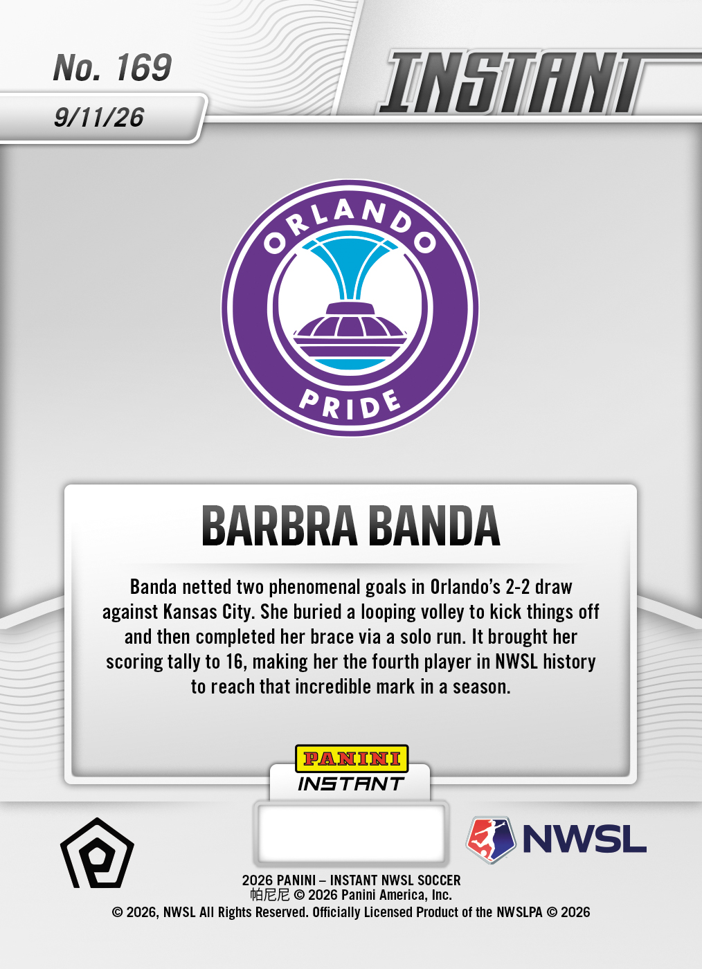 Product thumbnail image 2 of Barbra Banda - 2026 Panini Instant NWSL #169 - Base Card 25-pack