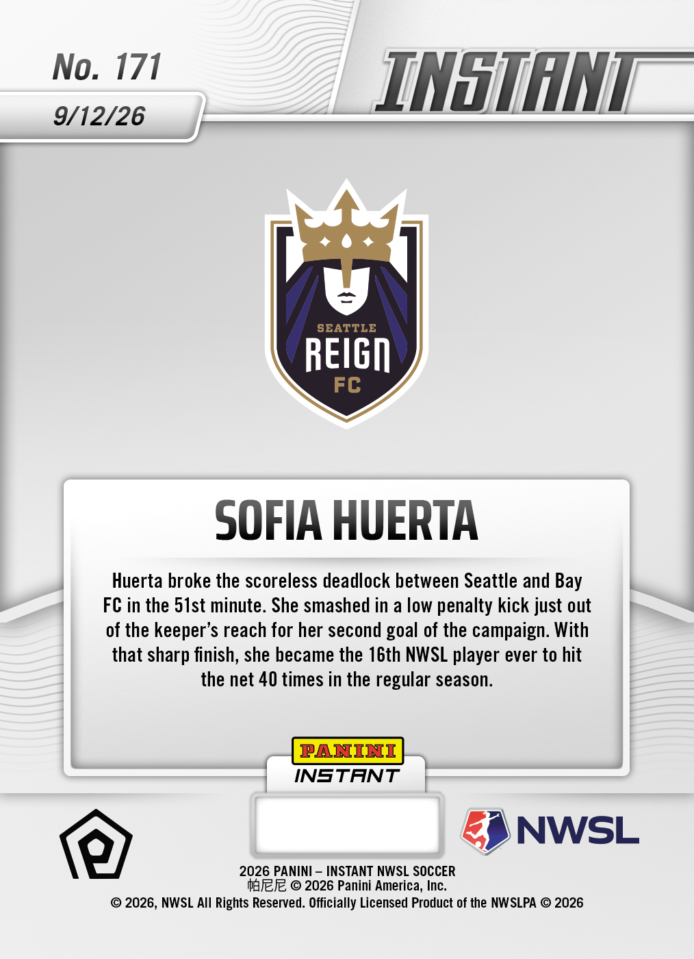 Product thumbnail image 2 of Sofia Huerta - 2026 Panini Instant NWSL #171 - Base Card 25-pack