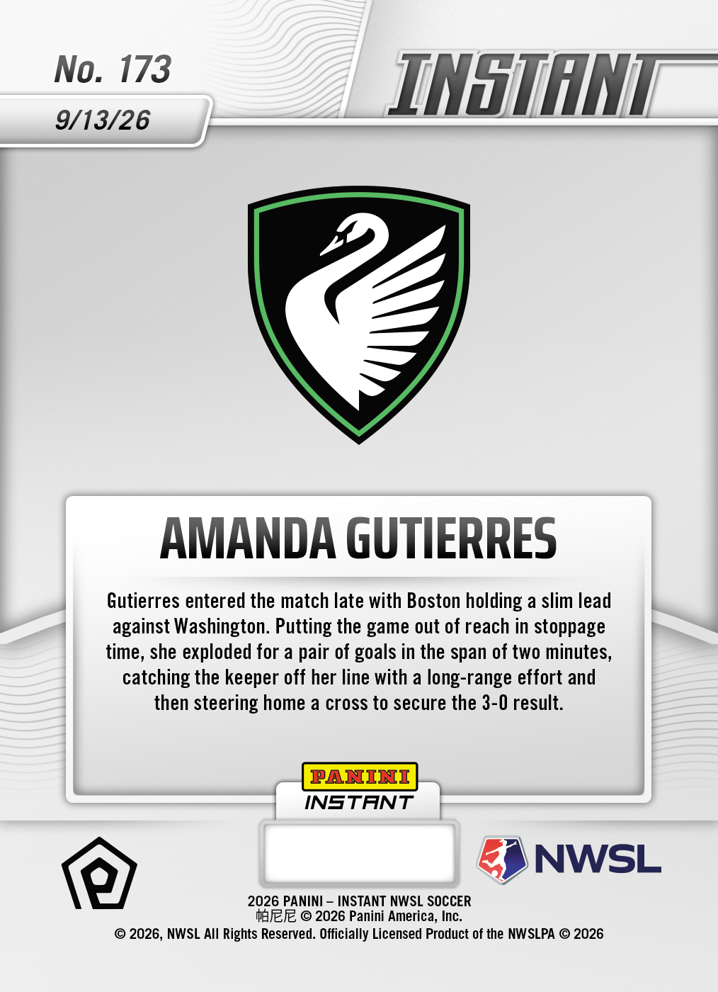 Product thumbnail image 2 of Amanda Gutierres - 2026 Panini Instant NWSL #173 - Base Card 25-pack
