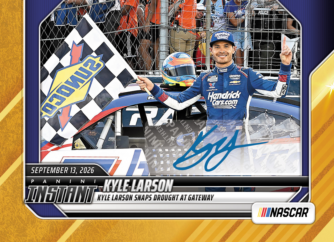 Detailed Image of Kyle Larson - 2026 Panini Instant NASCAR #81 - Gold /10 Auto
