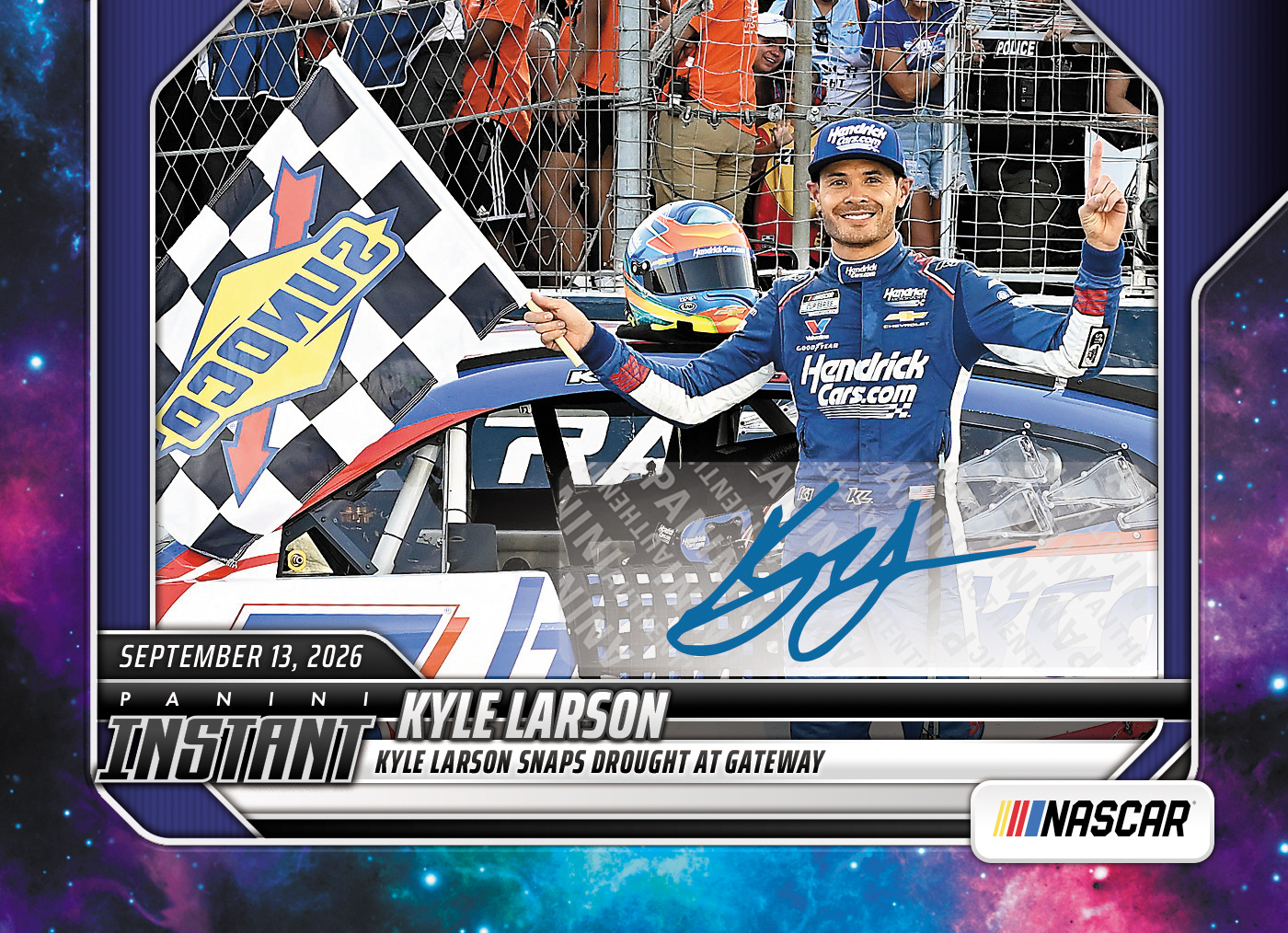Detailed Image of Kyle Larson - 2026 Panini Instant NASCAR #81 - Galaxy 1/1 Auto
