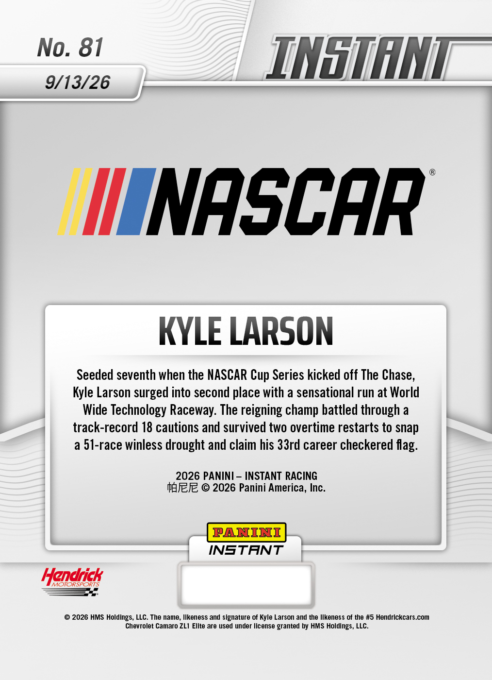 Product thumbnail image 2 of Kyle Larson - 2026 Panini Instant NASCAR #81 - Base Card 10-pack