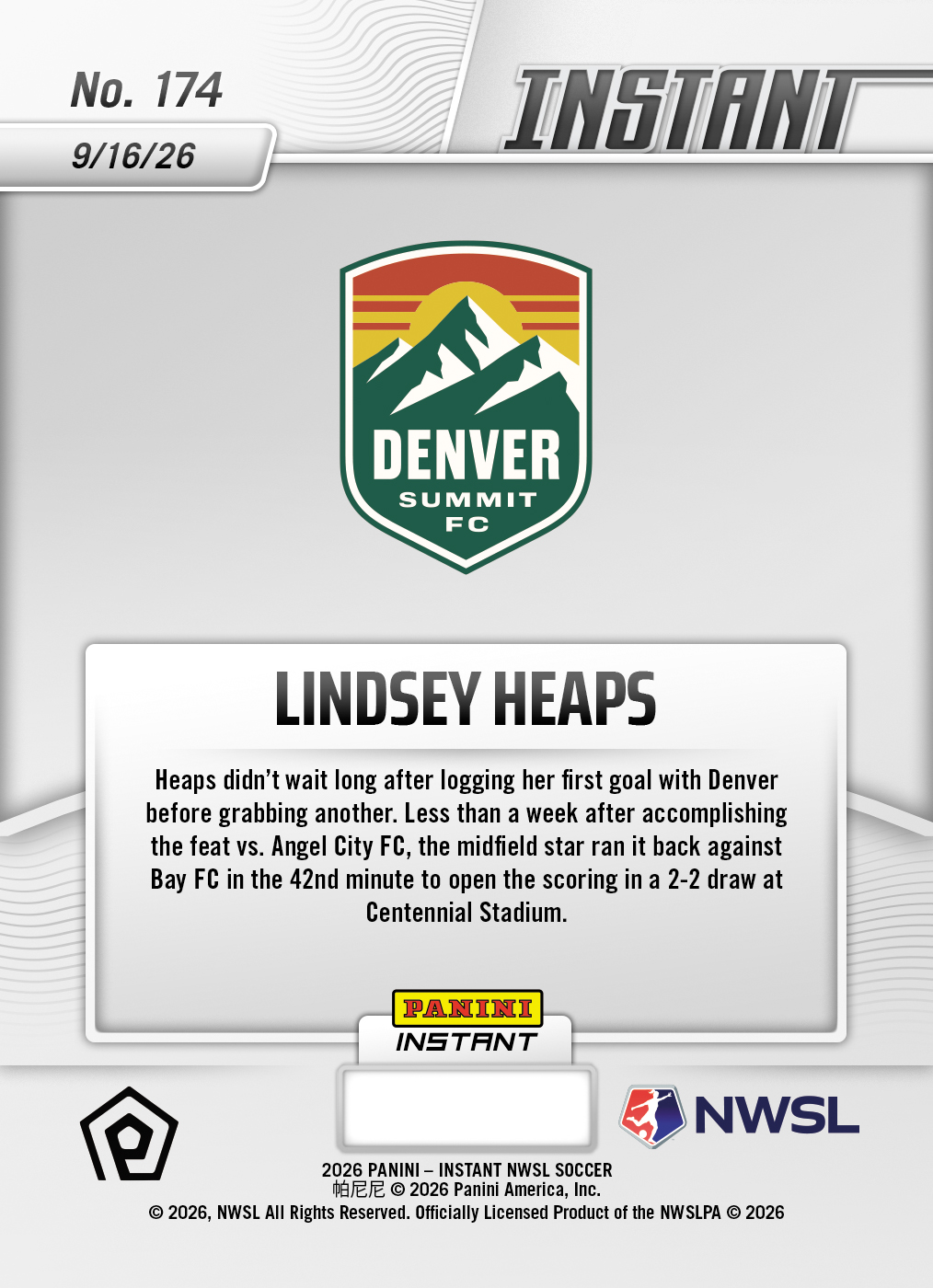 Product thumbnail image 2 of Lindsey Heaps - 2026 Panini Instant NWSL #174 - Base Card 25-pack