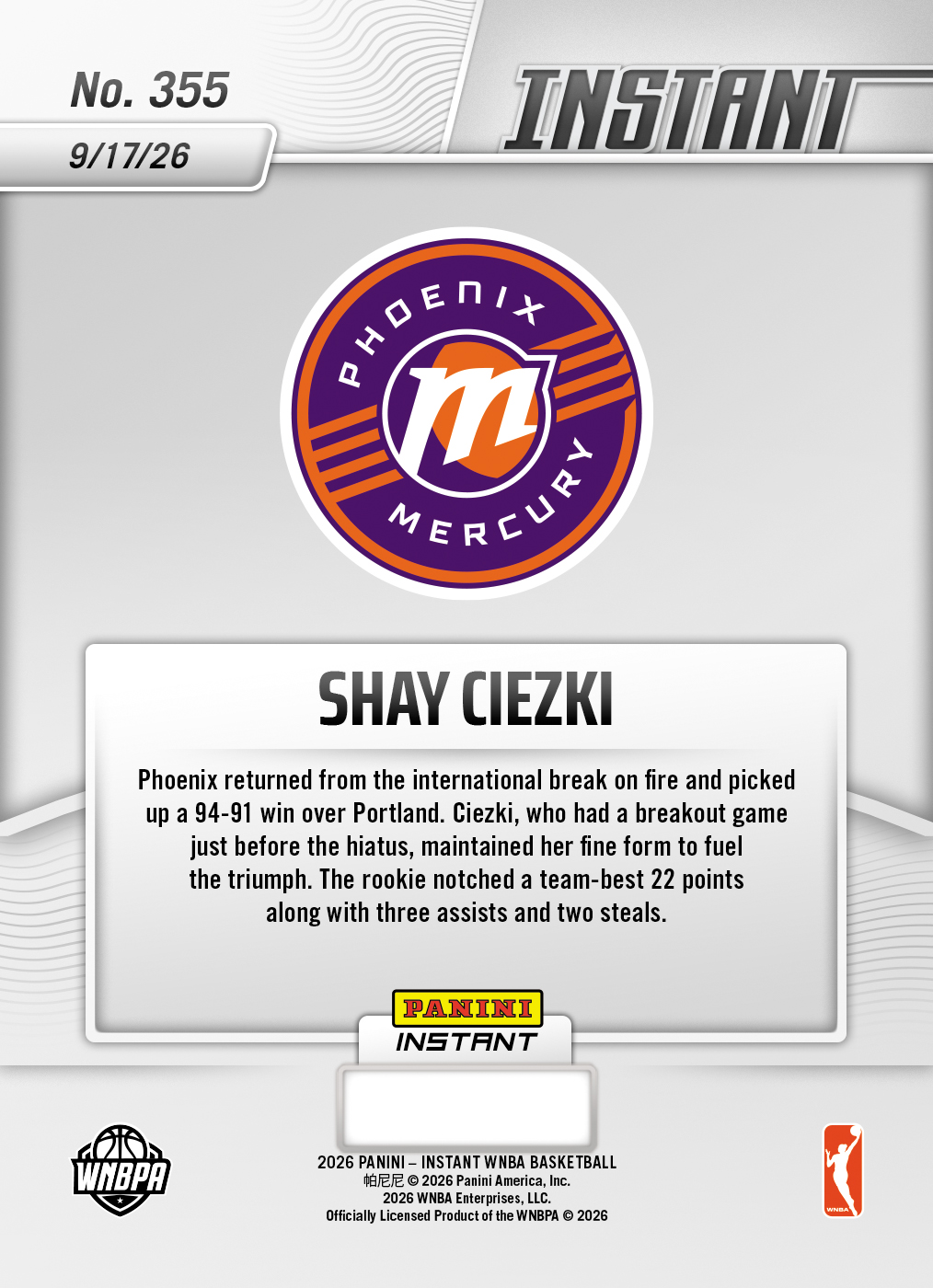 Product thumbnail image 2 of Shay Ciezki - 2026 Panini Instant WNBA #355 - Base Card 10-pack