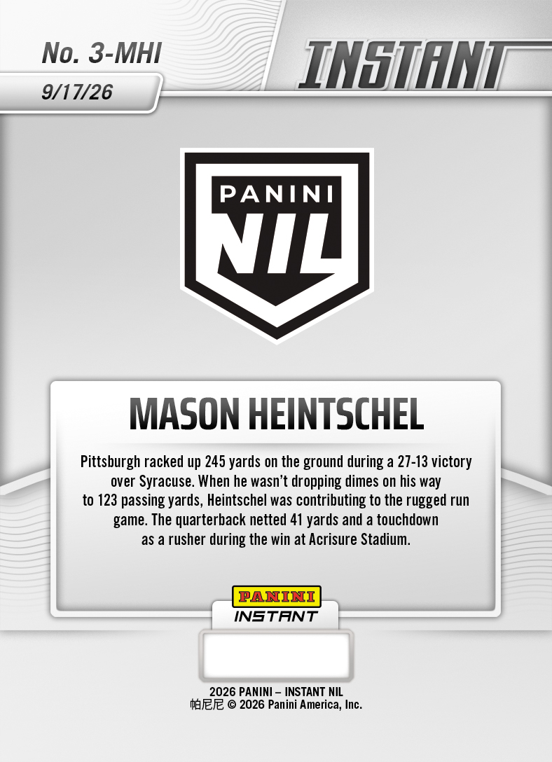 Product thumbnail image 2 of Mason Heintschel - 2026 Panini Instant NIL College Football #3-MHI - Color Blast /10 Auto