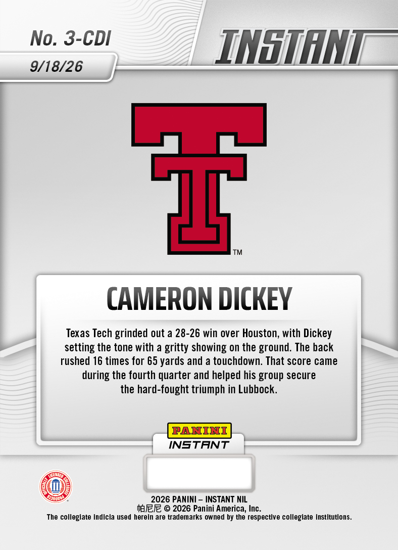 Product thumbnail image 2 of Cameron Dickey - 2026 Panini Instant NIL College Football #3-CDI - Base Card 25-pack