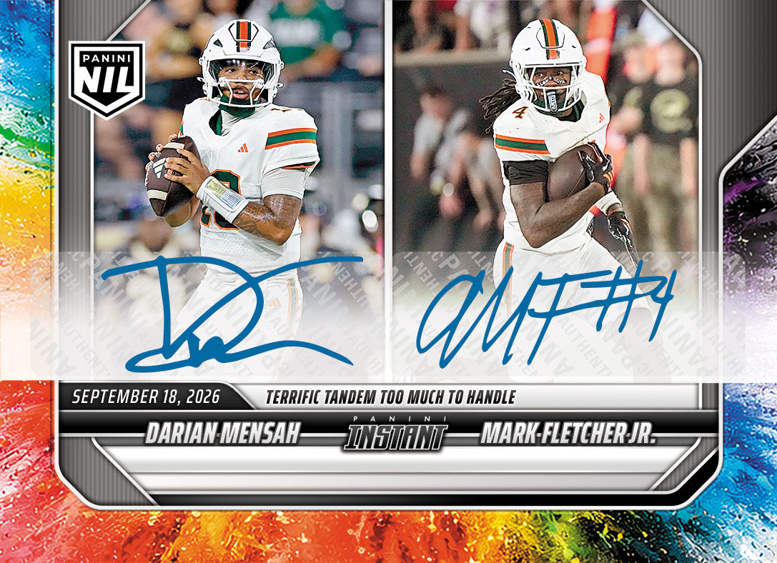 Detailed Image of Darian Mensah/Mark Fletcher Jr. - 2026 Panini Instant NIL College Football #3-MIA - Color Blast /10 Auto