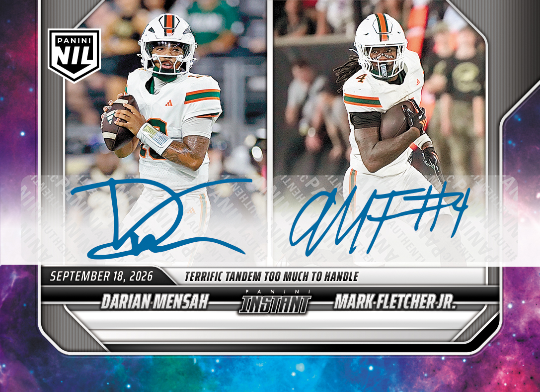 Detailed Image of Darian Mensah/Mark Fletcher Jr. - 2026 Panini Instant NIL College Football #3-MIA - Galaxy 1/1 Auto