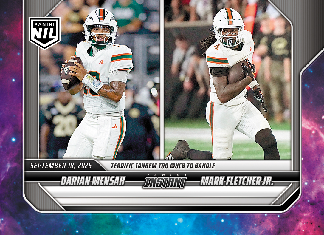 Detailed Image of Darian Mensah/Mark Fletcher Jr. - 2026 Panini Instant NIL College Football #3-MIA - Galaxy 1/1