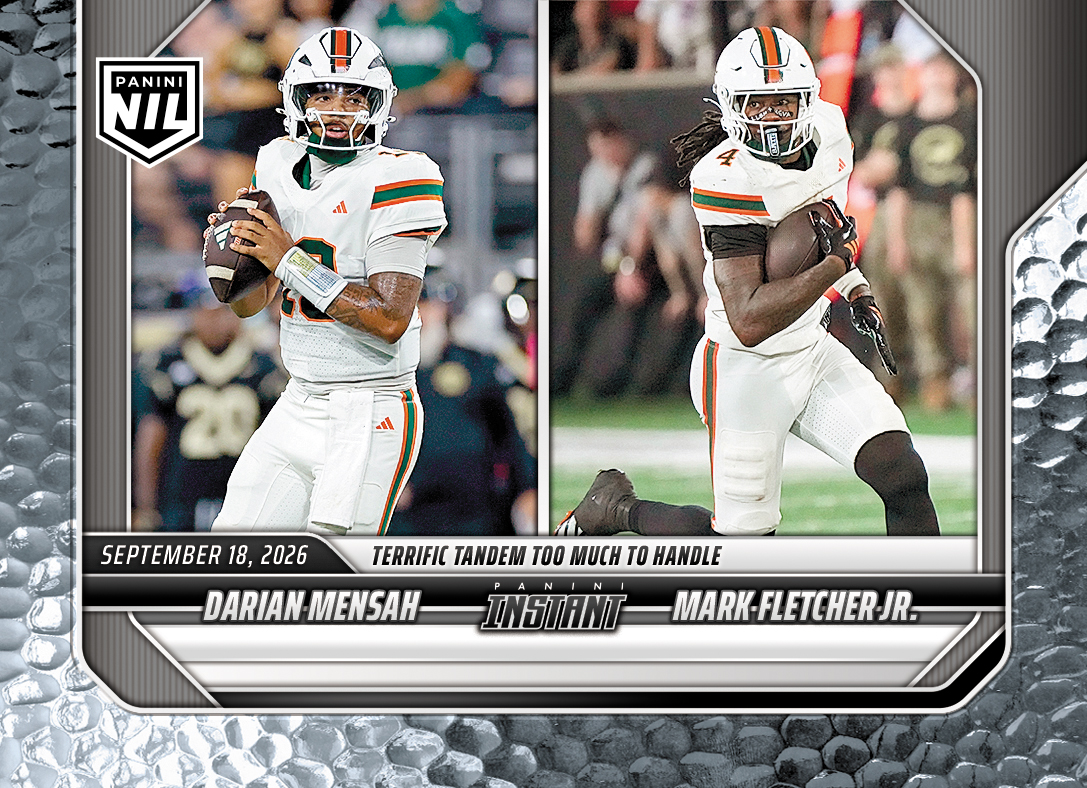 Detailed Image of Darian Mensah/Mark Fletcher Jr. - 2026 Panini Instant NIL College Football #3-MIA - Metallic /5