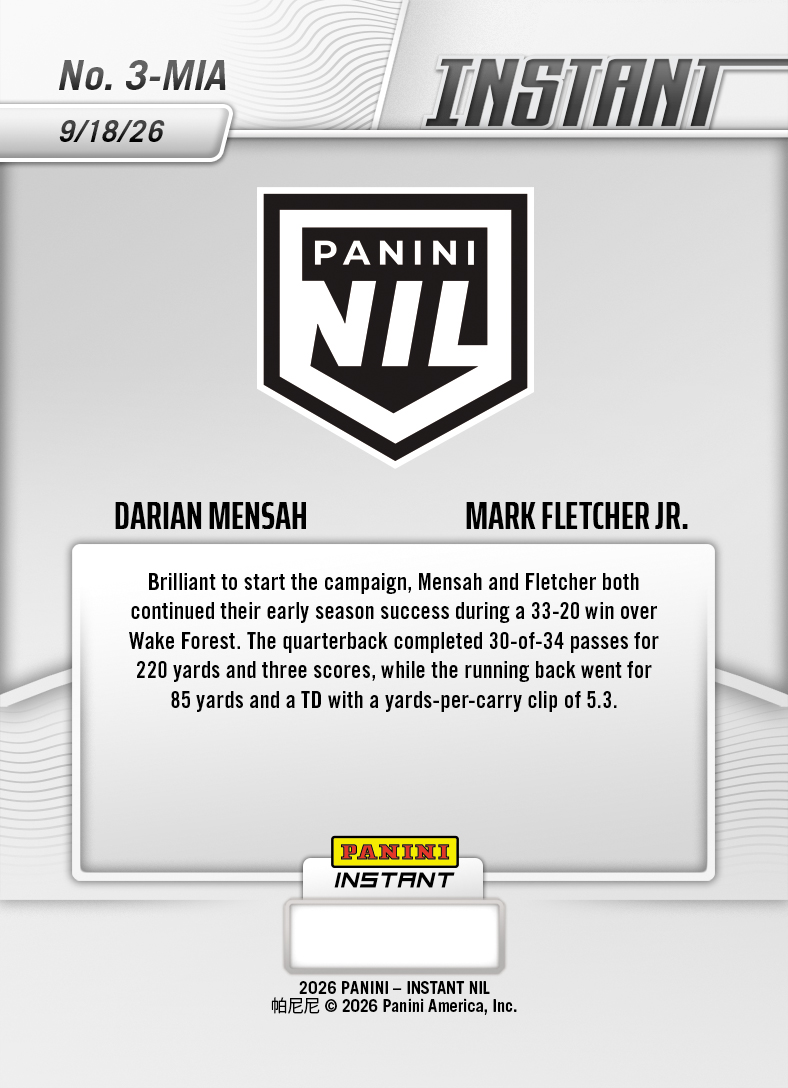 Product thumbnail image 2 of Darian Mensah/Mark Fletcher Jr. - 2026 Panini Instant NIL College Football #3-MIA - Base Card 25-pack