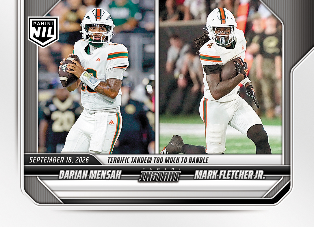 Detailed Image of Darian Mensah/Mark Fletcher Jr. - 2026 Panini Instant NIL College Football #3-MIA - Base Card 25-pack