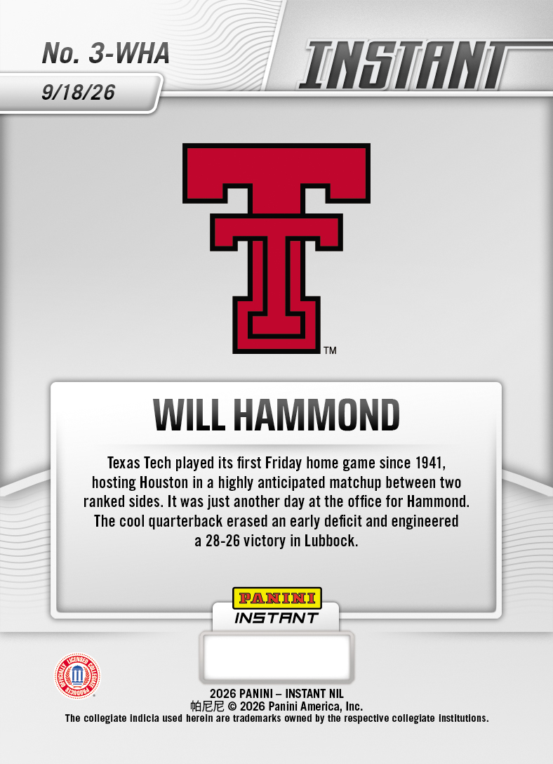 Product thumbnail image 2 of Will Hammond - 2026 Panini NIL College Football #3-WHA - Base Card 25-pack