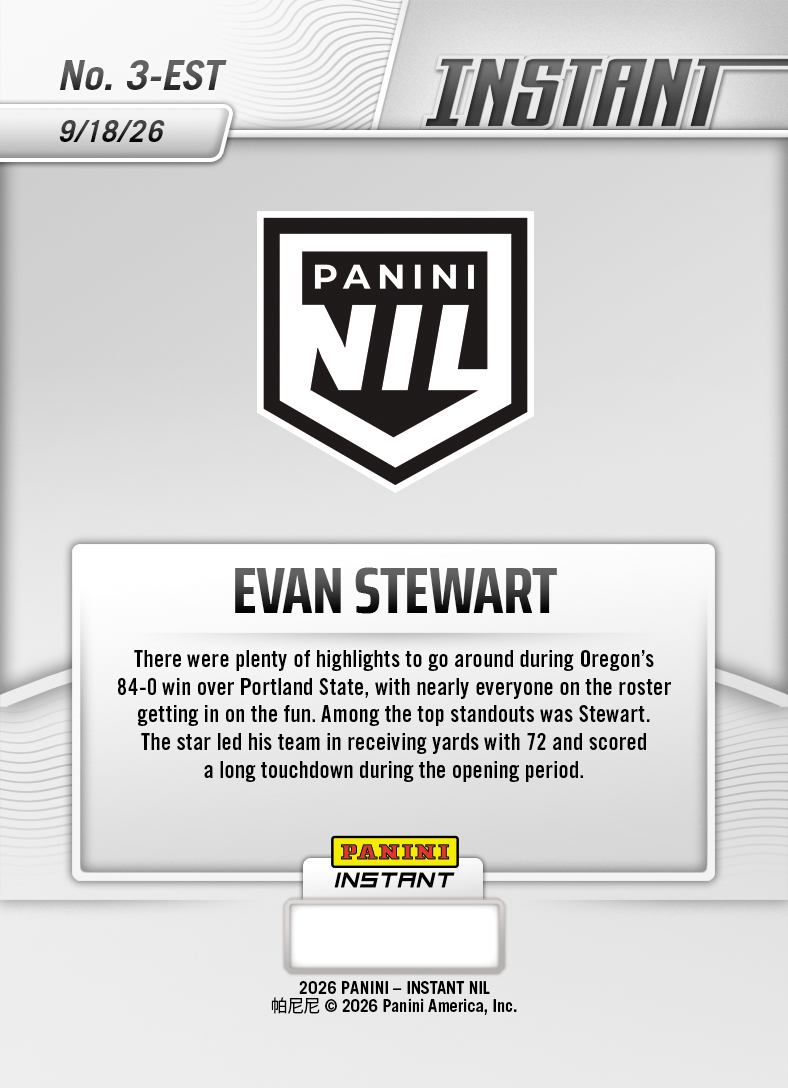 Product thumbnail image 2 of Evan Stewart - 2026 Panini Instant NIL College Football #3-EST - Base Card 10-pack