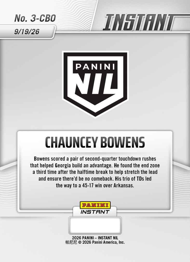 Product thumbnail image 2 of Chauncey Bowens - 2026 Panini Instant NIL College Football #3-CBO - Base Card 25-pack