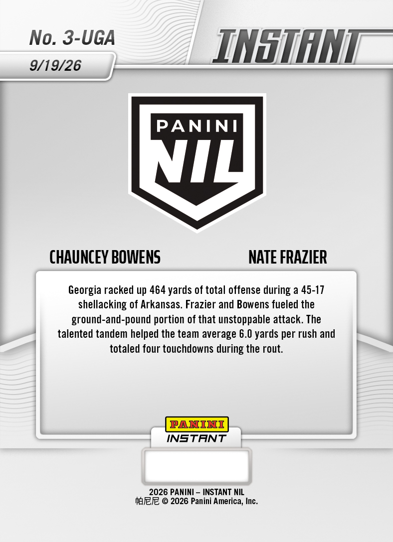 Product thumbnail image 2 of Chauncey Bowens/Nate Frazier - 2026 Panini Instant NIL College Football #3-UGA - Base Card 5-pack