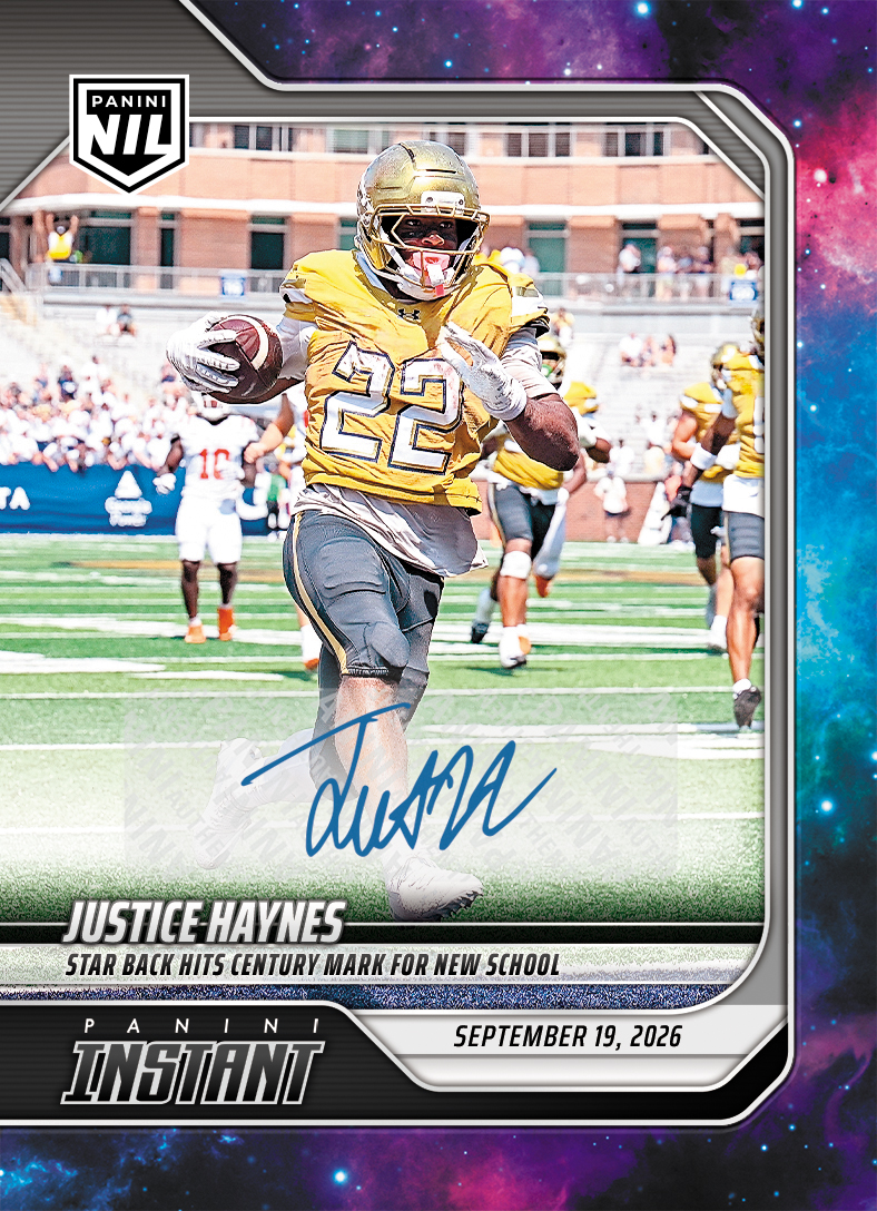Detailed Image of Justice Haynes - 2026 Panini Instant NIL College Football #3-JHA - Galaxy 1/1 Auto