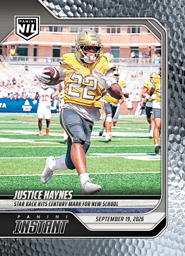 Detailed Image of Justice Haynes - 2026 Panini Instant NIL College Football #3-JHA - Metallic /5