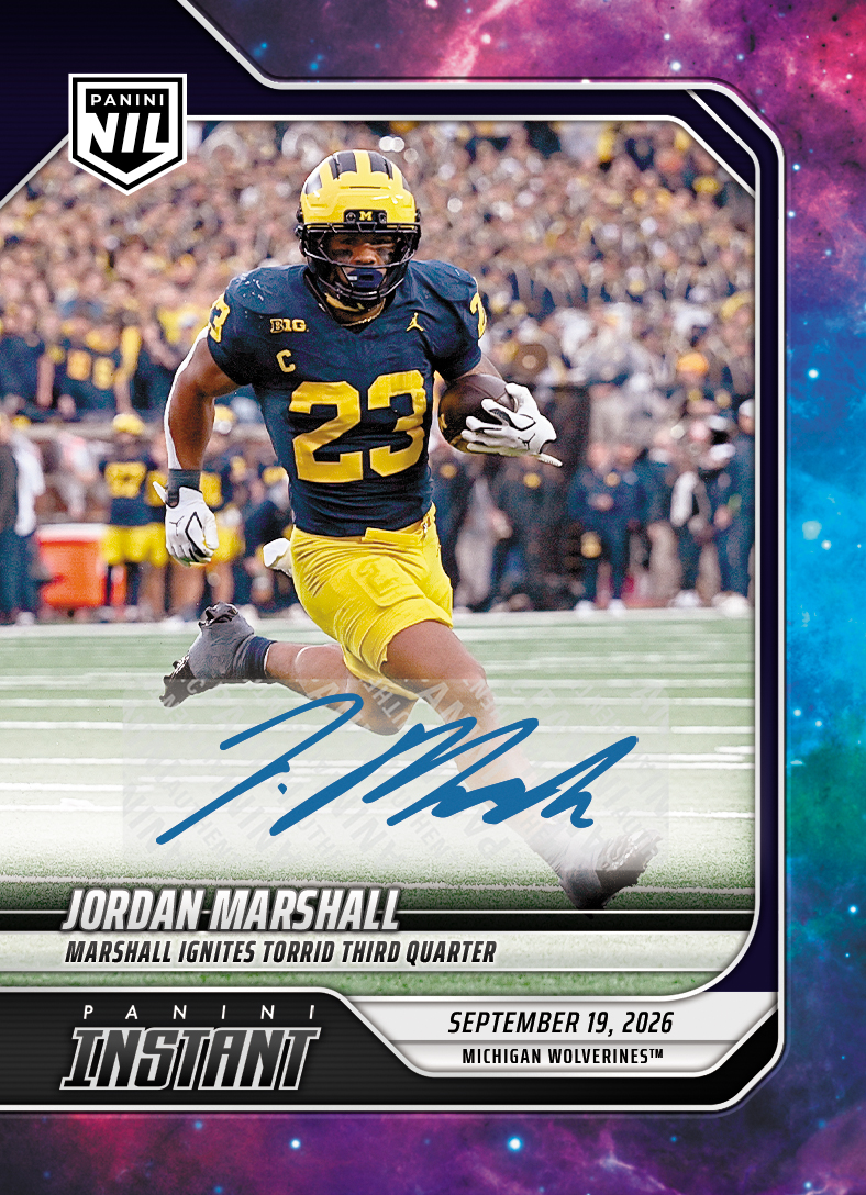 Detailed Image of Jordan Marshall - 2026 Panini Instant NIL College Football #3-JMA - Galaxy 1/1 Auto