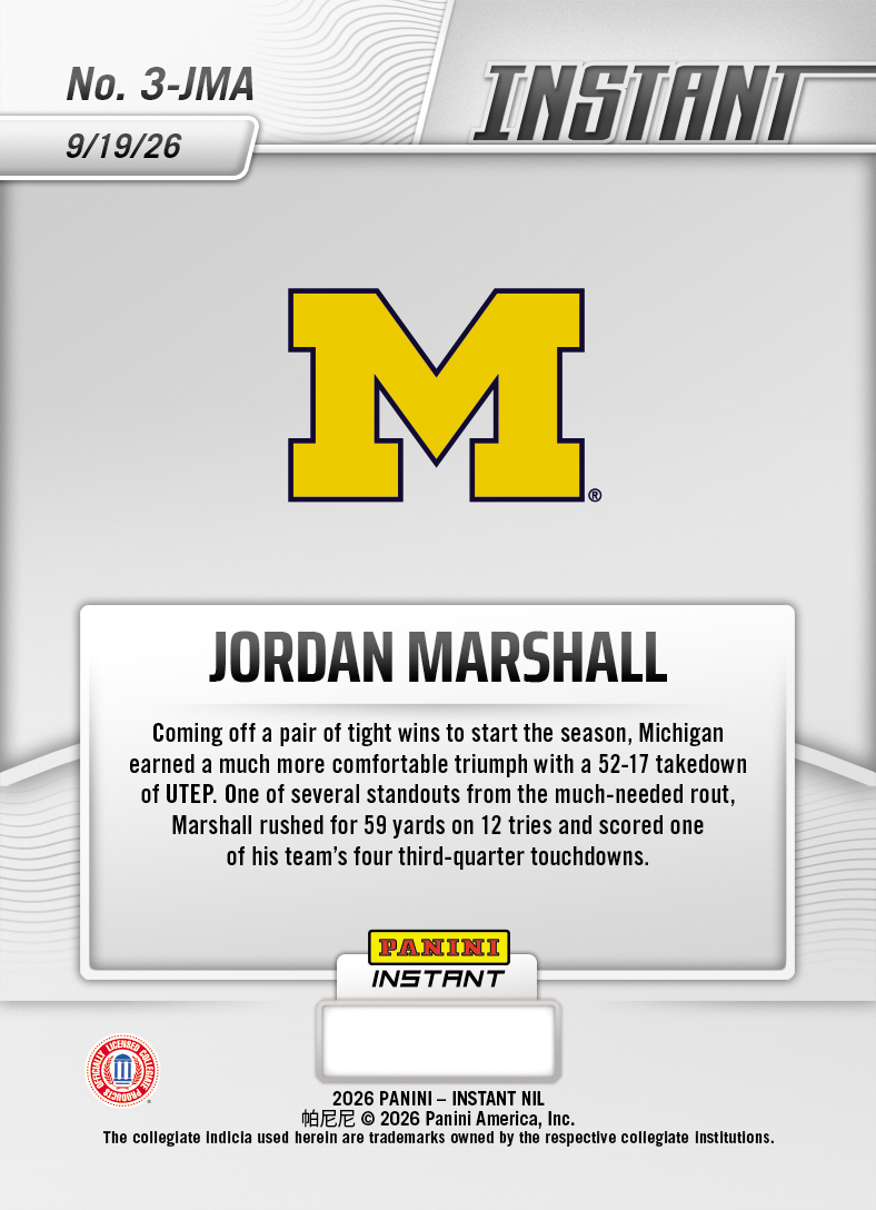 Product thumbnail image 2 of Jordan Marshall - 2026 Panini Instant NIL College Football #3-JMA - Base Card 25-pack