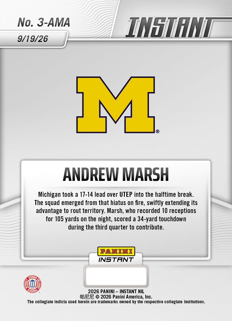 Product thumbnail image 2 of Andrew Marsh - 2026 Panini Instant NIL College Football #3-AMA - Base Card 10-pack