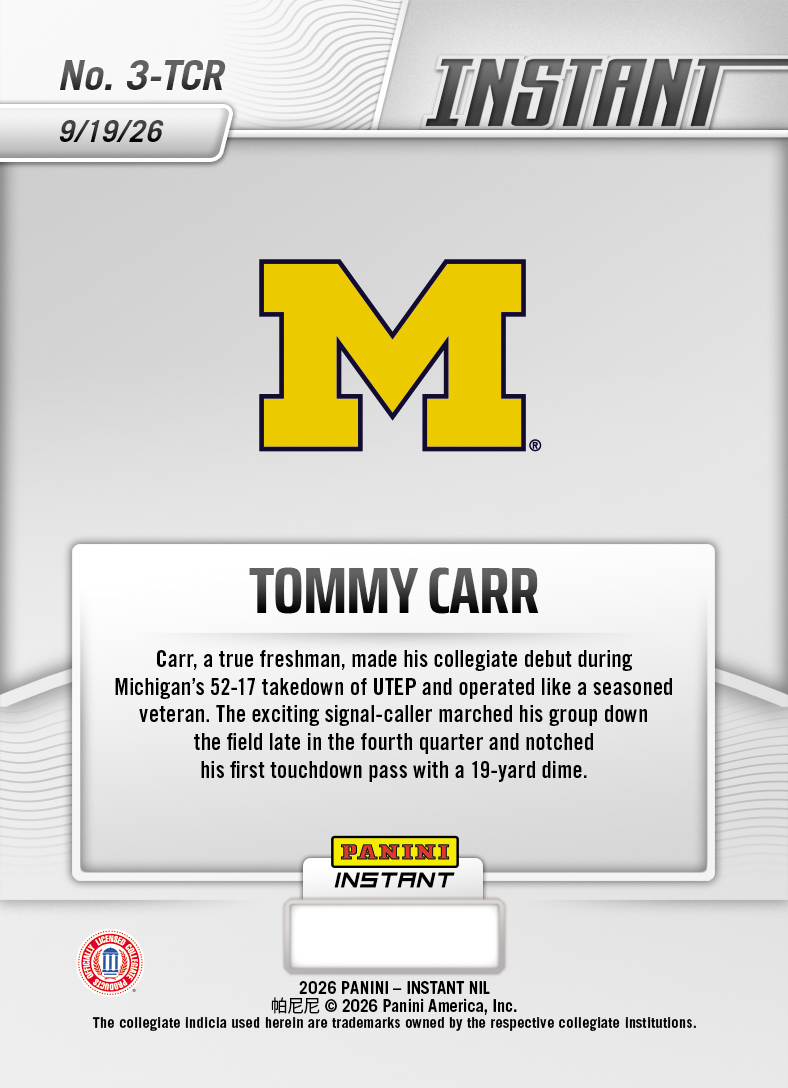 Product thumbnail image 2 of Tommy Carr - 2026 Panini NIL College Football #3-TCR - Base Card 5-pack