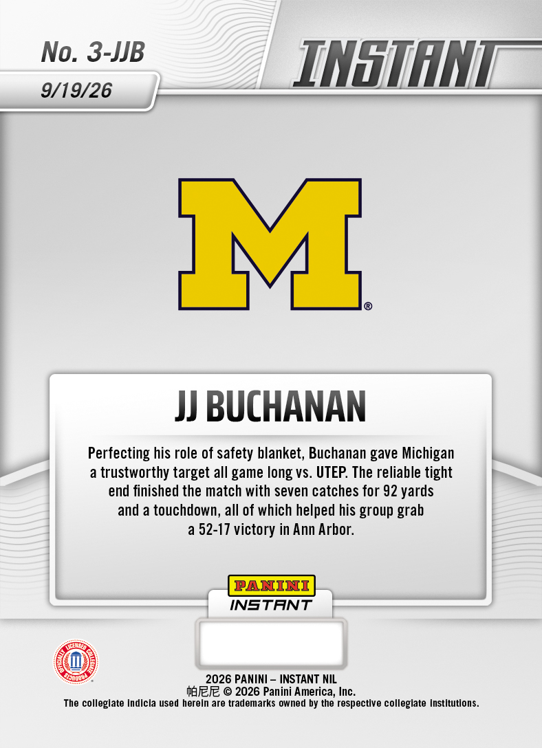 Product thumbnail image 2 of JJ Buchanan - 2026 Panini Instant NIL College Football #3-JJB - Base Card 10-pack