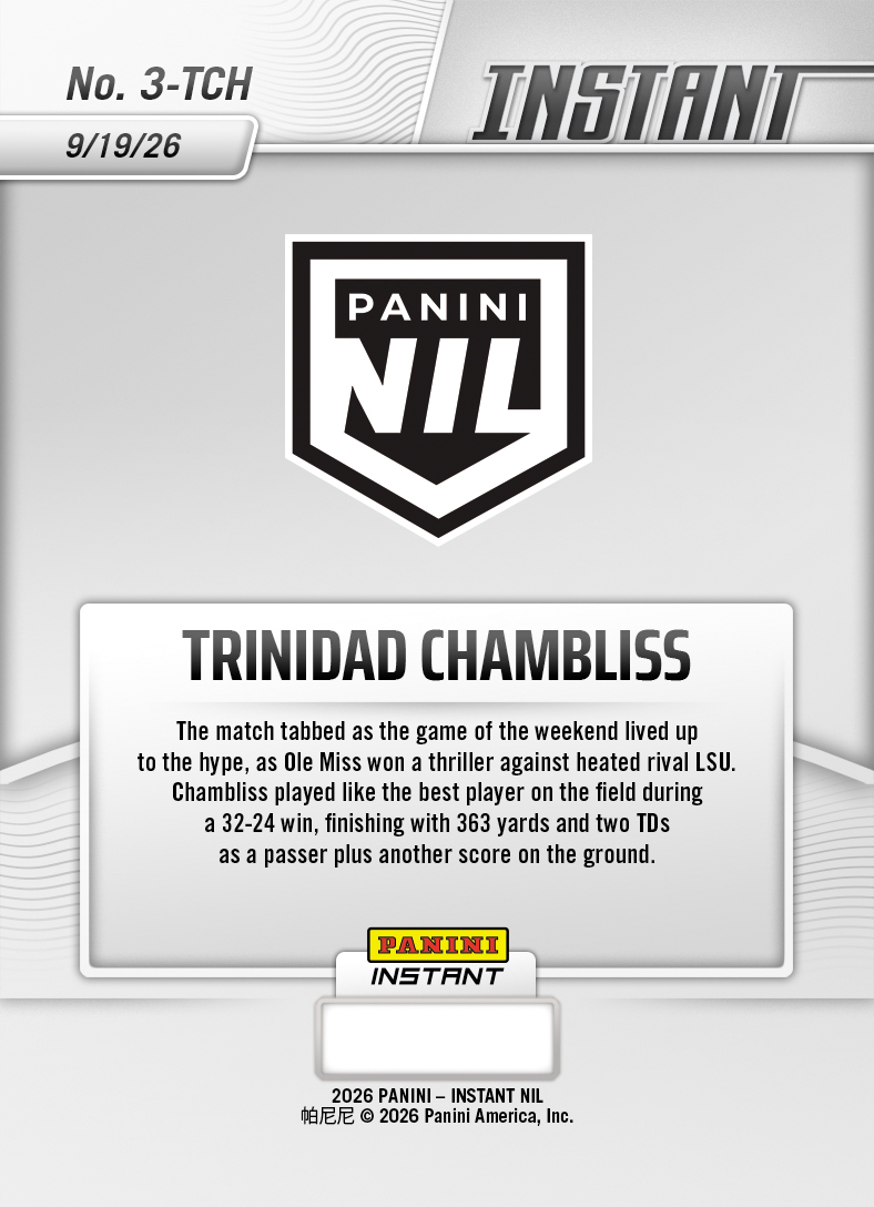 Product thumbnail image 2 of Trinidad Chambliss - 2026 Panini Instant NIL College Football #3-TCH - Base Card 25-pack