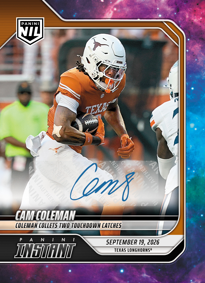 Detailed Image of Cam Coleman - 2026 Panini Instant NIL College Football #3-CCO - Galaxy 1/1 Auto