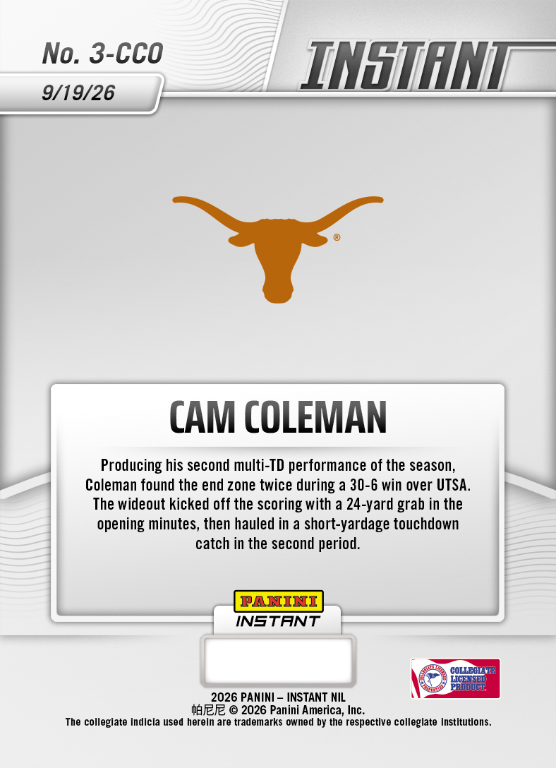 Product thumbnail image 2 of Cam Coleman - 2026 Panini Instant NIL College Football #3-CCO - Base Card 10-pack