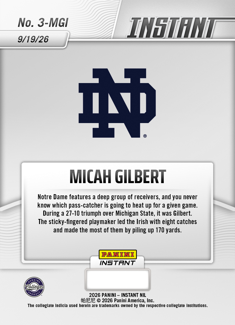 Product thumbnail image 2 of Micah Gilbert - 2026 Panini NIL College Football #3-MGI - Base Card 5-pack