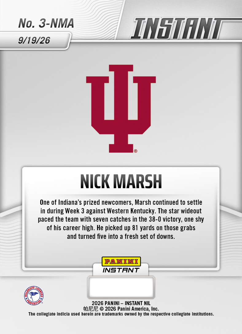 Product thumbnail image 2 of Nick Marsh - 2026 Panini Instant NIL College Football #3-NMA - Base Card 10-pack