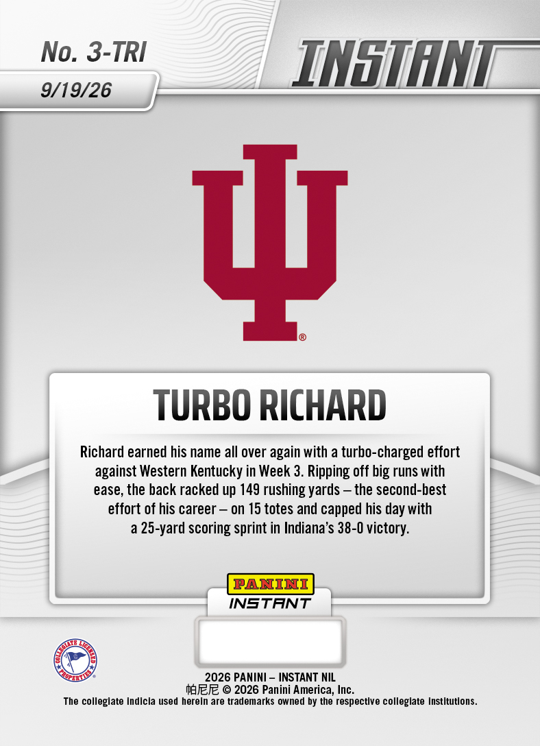 Product thumbnail image 2 of Turbo Richard - 2026 Panini Instant NIL College Football #3-TRI - Base Card 10-pack
