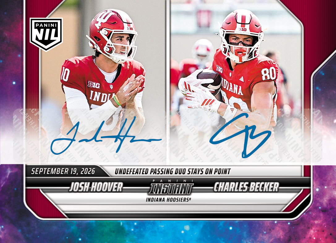 Detailed Image of Josh Hoover/Charles Becker - 2026 Panini Instant NIL College Football #3-IND - Galaxy 1/1 Auto