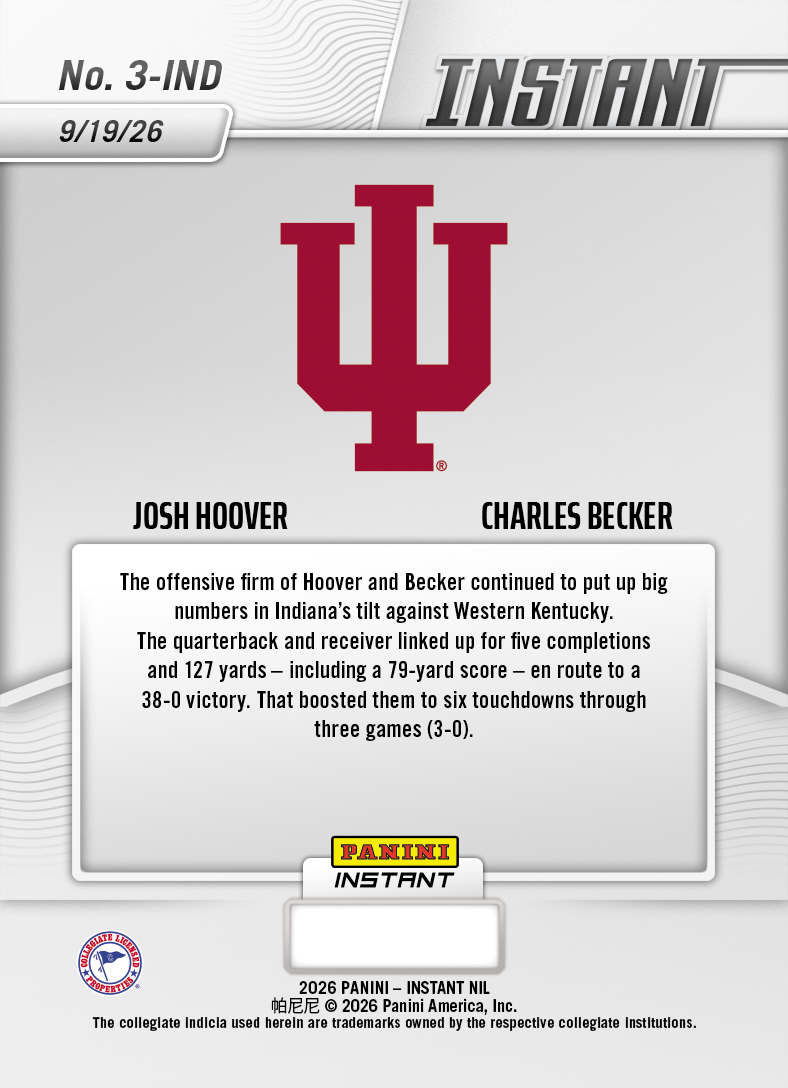 Product thumbnail image 2 of Josh Hoover/Charles Becker - 2026 Panini Instant NIL College Football #3-IND - Base Card 25-pack