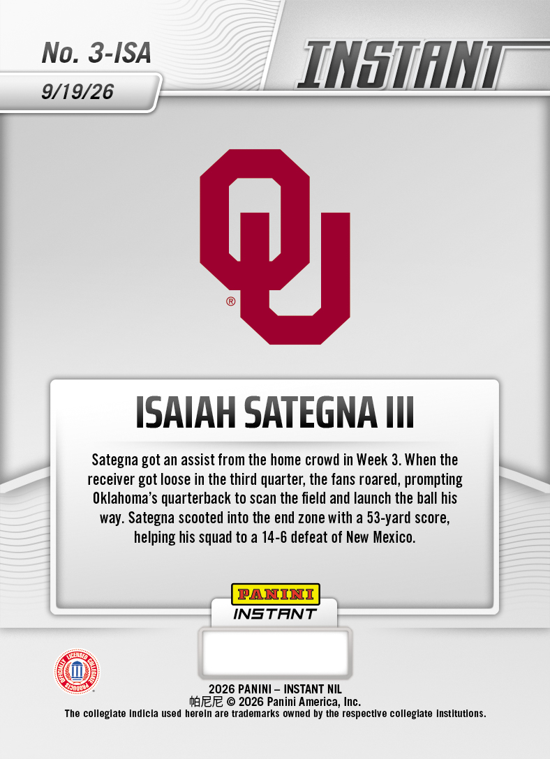 Product thumbnail image 2 of Isaiah Sategna III - 2026 Panini Instant NIL College Football #3-ISA - Base Card 25-pack