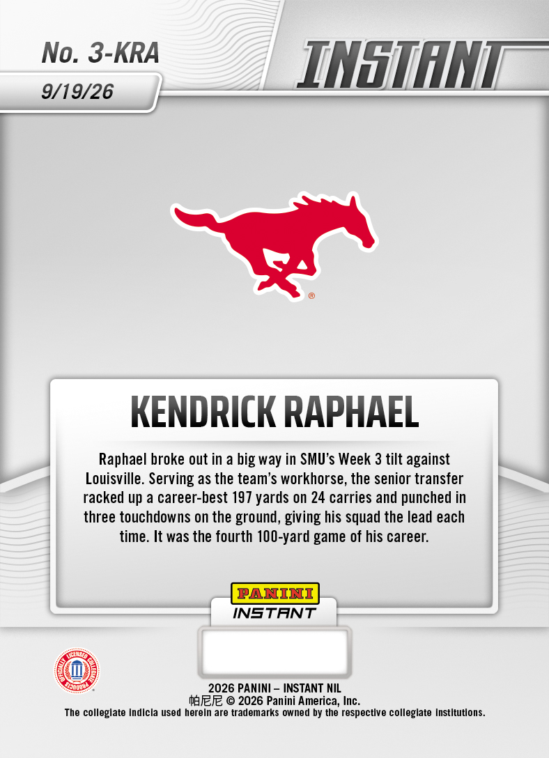 Product thumbnail image 2 of Kendrick Raphael - 2026 Panini Instant NIL College Football #3-KRA - Base Card 10-pack